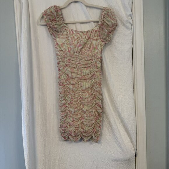 Madden NYC Bodycon Dress XS Ruched Pink Green Swirl Y2K Milkmaid Sheer Mesh Sexy - Picture 12 of 14